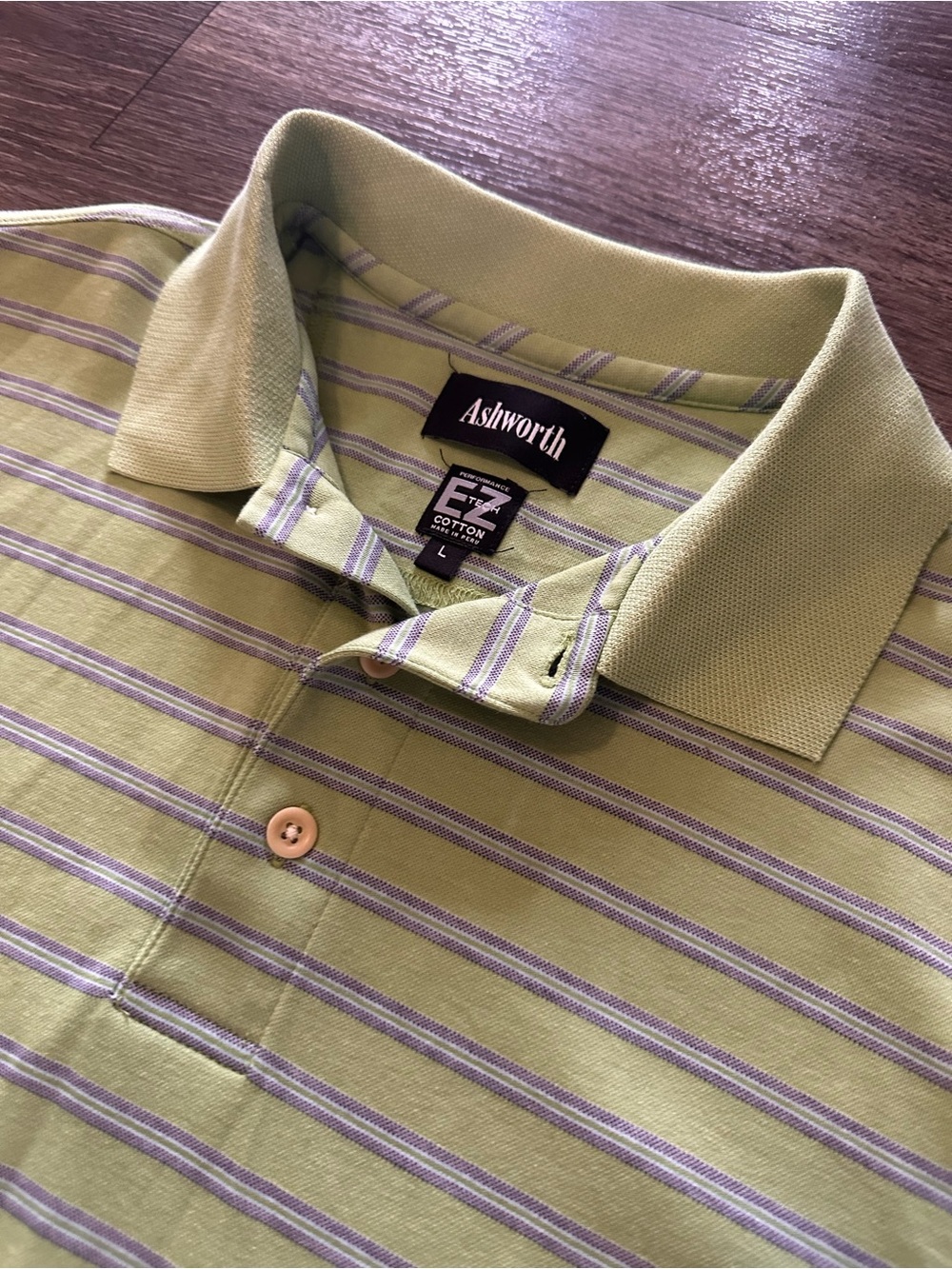 Ashworth EZ Tech Cotton Easy Care Striped Green Short Sleeve Polo Men's L Golf
